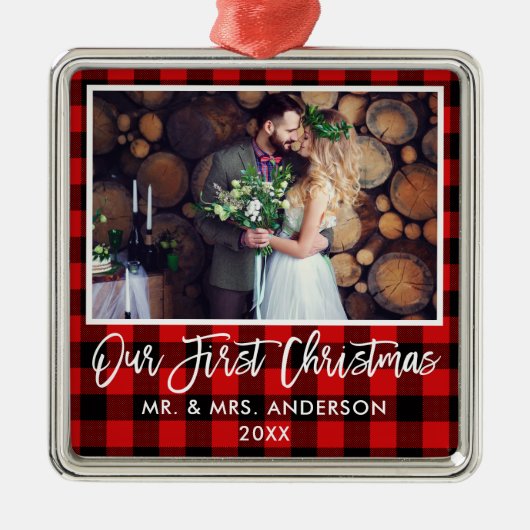 Penseel Script Red Pset Wedding First Kerstmis Metalen Ornament (Voorkant)