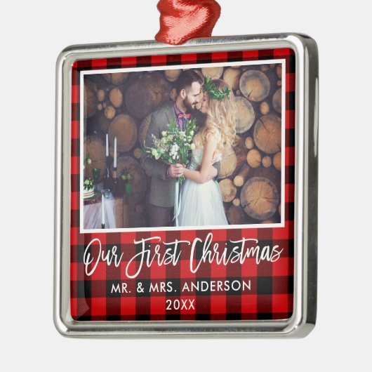 Penseel Script Red Pset Wedding First Kerstmis Metalen Ornament (Links)