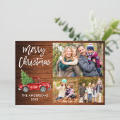 Penseel Script Red Truck 3 Fotohout Snowflakes Feestdagenkaart (Staand voorkant)