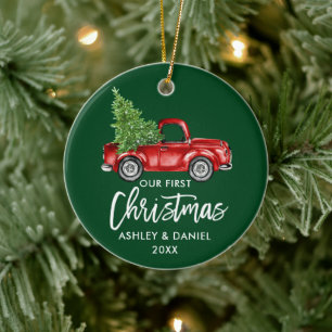 Penseel Script Red Truck First KerstGreen Keramisch Ornament