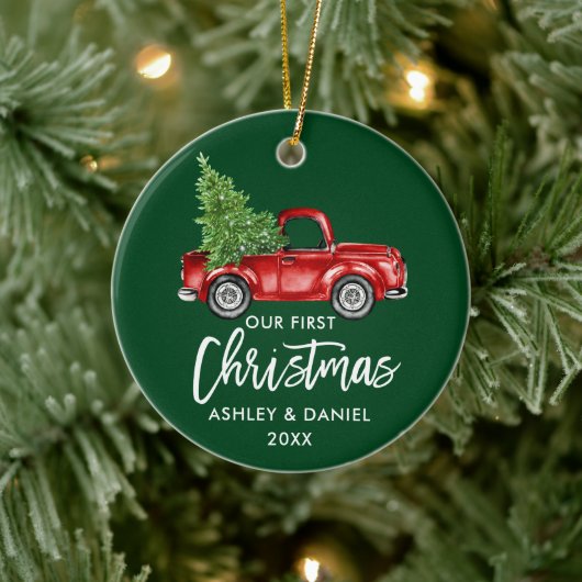Penseel Script Red Truck First KerstGreen Keramisch Ornament (Boom)