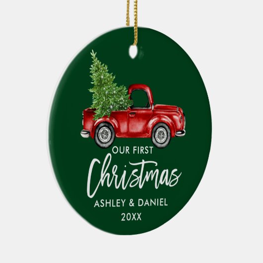 Penseel Script Red Truck First KerstGreen Keramisch Ornament (Rechts)