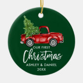 Penseel Script Red Truck First KerstGreen Keramisch Ornament (Voorkant)