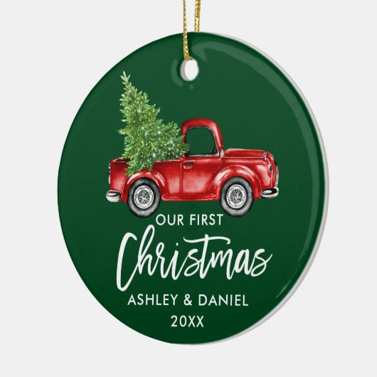 Penseel Script Red Truck First KerstGreen Keramisch Ornament (Links)