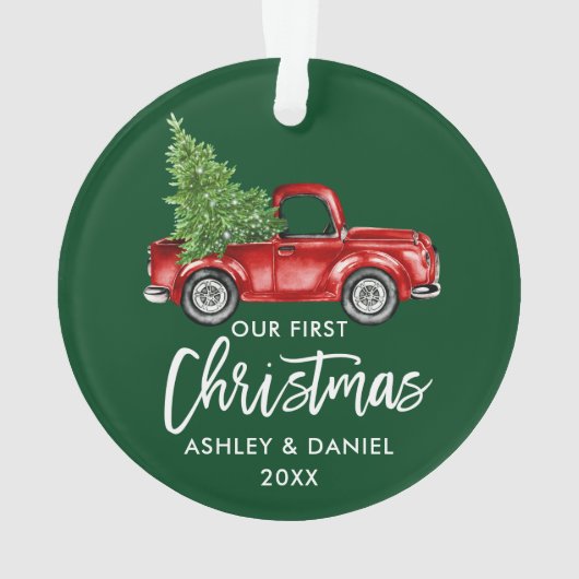 Penseel Script Red Truck First KerstGreen Ornament (achterkant)
