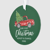 Penseel Script Red Truck First KerstGreen Ornament (voorkant)