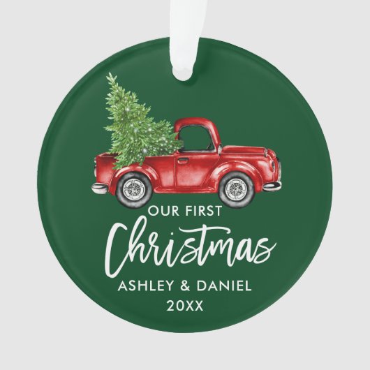 Penseel Script Red Truck First KerstGreen Ornament (voorkant)