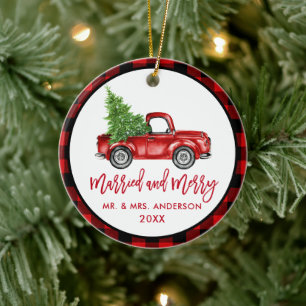 Penseel Script  Red Truck geplakt gehuwd Merry Keramisch Ornament