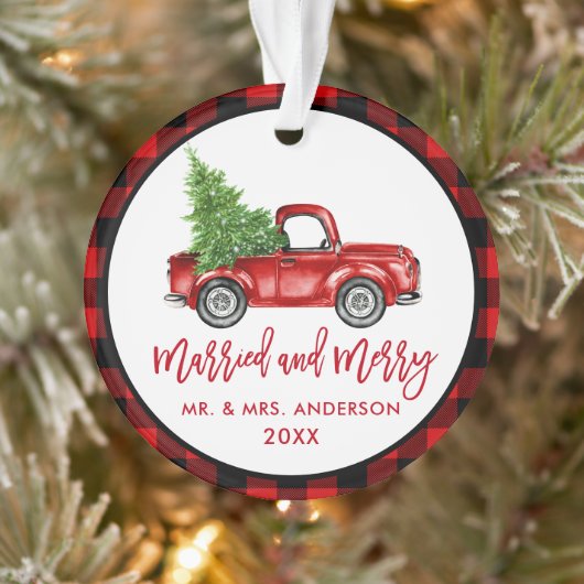 Penseel Script Red Truck geplakt gehuwd Merry Ornament (Boom)