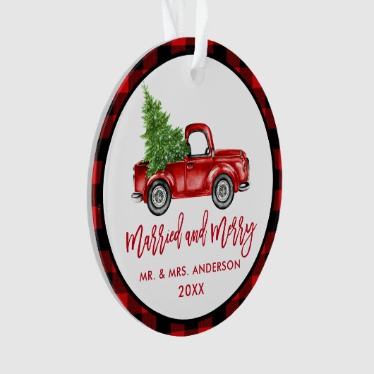 Penseel Script  Red Truck geplakt gehuwd Merry Ornament (voorkant)