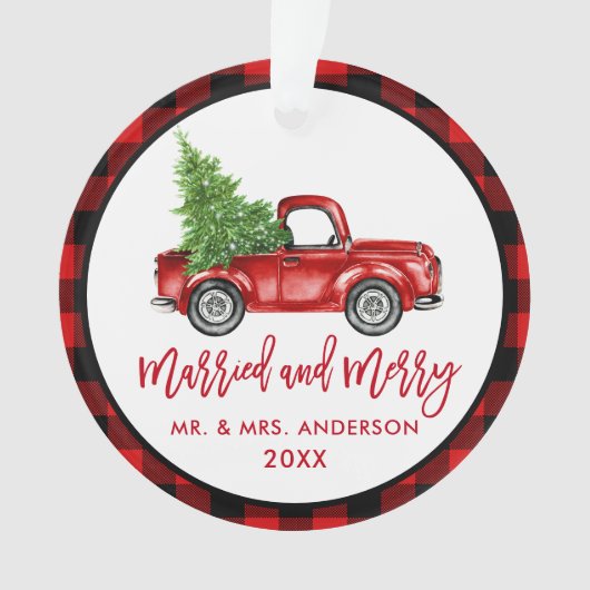 Penseel Script Red Truck geplakt gehuwd Merry Ornament (voorkant)