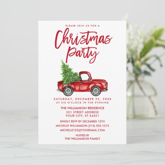 Penseel Script Red  Truck Kerstparty Kaart (Staand voorkant)