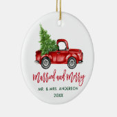 Penseel Script  Red Truck Married Merry Keramisch Ornament (Rechts)