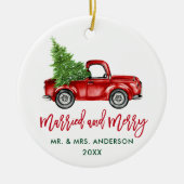 Penseel Script  Red Truck Married Merry Keramisch Ornament (Voorkant)