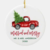 Penseel Script  Red Truck Married Merry Keramisch Ornament (Achterkant)