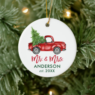 Penseel Script  Red Truck Mr en Mrs. Keramisch Ornament