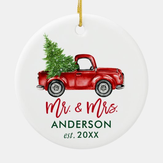 Penseel Script Red Truck Mr en Mrs. Keramisch Ornament (Achterkant)