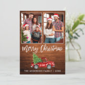 Penseel Script Rustic Wood 2 Kersttruck met foto's Feestdagenkaart (Staand voorkant)