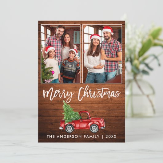 Penseel Script Rustic Wood 2 Kersttruck met foto's Feestdagenkaart (Staand voorkant)