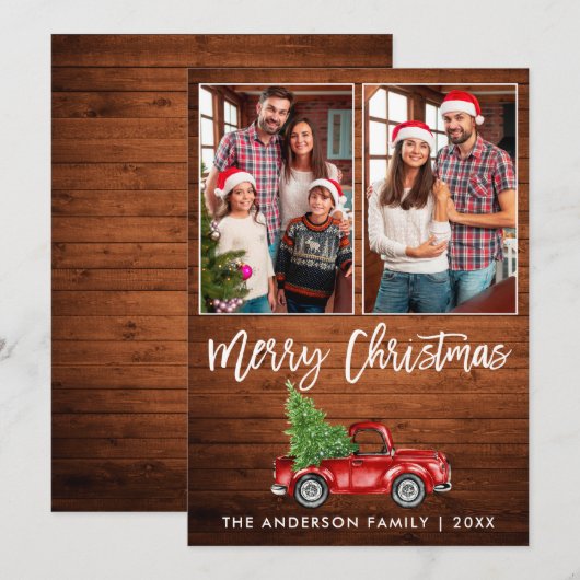 Penseel Script Rustic Wood 2 Kersttruck met foto's Feestdagenkaart (Voorkant / Achterkant)