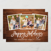 Penseel Script Rustic Wood 3 Fotoserie Feestdagenkaart (Voorkant / Achterkant)