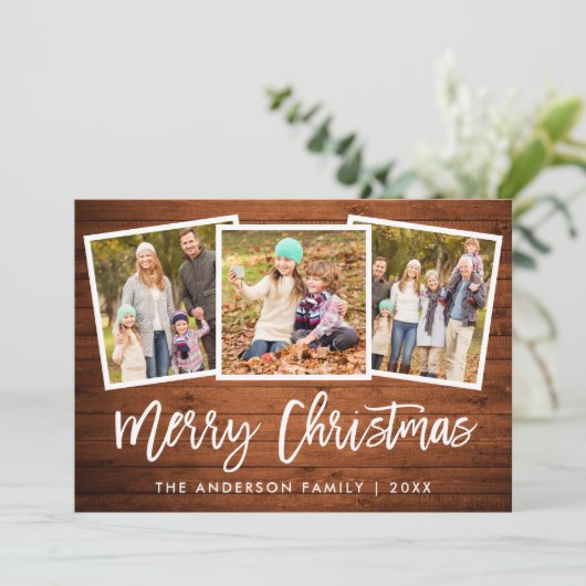 Penseel Script Rustic Wood 3 kerstfeest Feestdagenkaart (Staand voorkant)