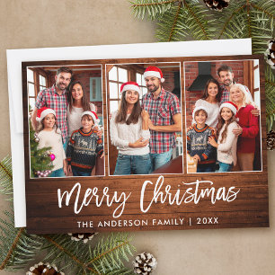 Penseel Script Rustic Wood 3 Kerstmis foto Feestdagenkaart