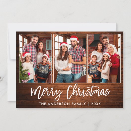 Penseel Script Rustic Wood 3 Kerstmis foto Feestdagenkaart (Voorkant)