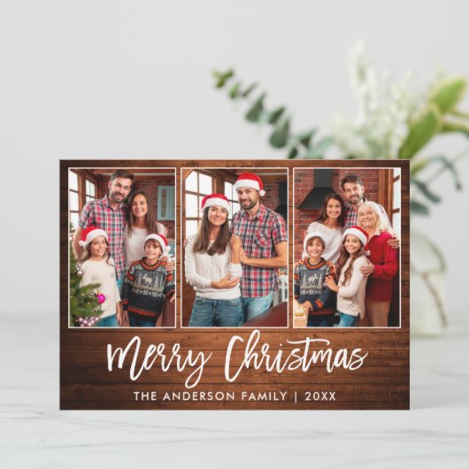 Penseel Script Rustic Wood 3 Kerstmis foto Feestdagenkaart (Staand voorkant)