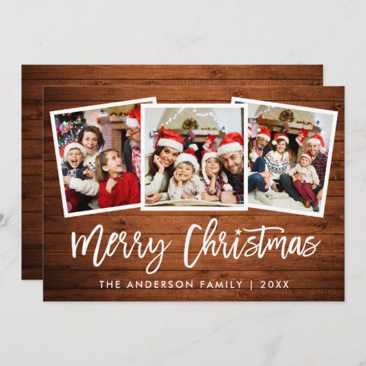 Penseel Script Rustic Wood 3 kerstster voor foto's Feestdagenkaart (Voorkant / Achterkant)