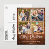 Penseel Script Rustic Wood Familie 4 Kerstmis foto Briefkaart (Voorkant / Achterkant)