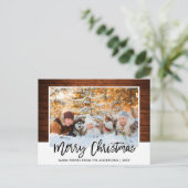 Penseel Script Rustic Wood Familie Kerstmis foto Briefkaart (Staand voorkant)