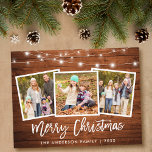 Penseel Script Rustic Wood Licht 3 Kerstmis foto Briefkaart<br><div class="desc">Rustic Wood Brush Script 3 Fotoserie Vroegere Kaart met String Lights</div>