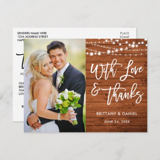 Penseel Script Rustic Wood Love and Bedankt Weddin Briefkaart (Voorkant / Achterkant)