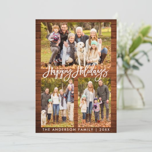 Penseel Script Rustic Wood Prettige feestdagen Fot Feestdagenkaart (Staand voorkant)