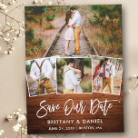 Penseel Script Rustic Wood Save Our Date 4 Photo Briefkaart<br><div class="desc">Moderne Robuust van het Manuscript Rustic van de Borstel 4 Foto sparen Ons Briefkaart van de Datum</div>
