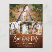Penseel Script Rustic Wood Save Our Date 4 Photo Briefkaart (Voorkant)