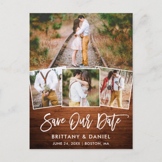 Penseel Script Rustic Wood Save Our Date 4 Photo Briefkaart (Voorkant)