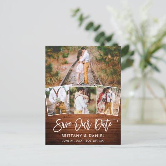Penseel Script Rustic Wood Save Our Date 4 Photo Briefkaart (Staand voorkant)