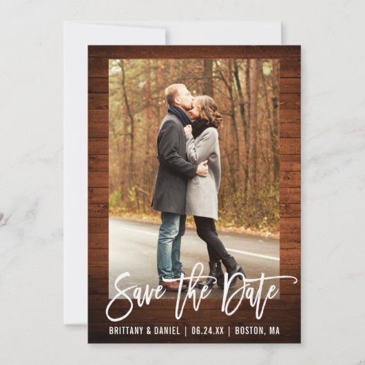 Penseel Script Rustic Wood Save the Date Kraft Kaa Kaart (Voorkant)
