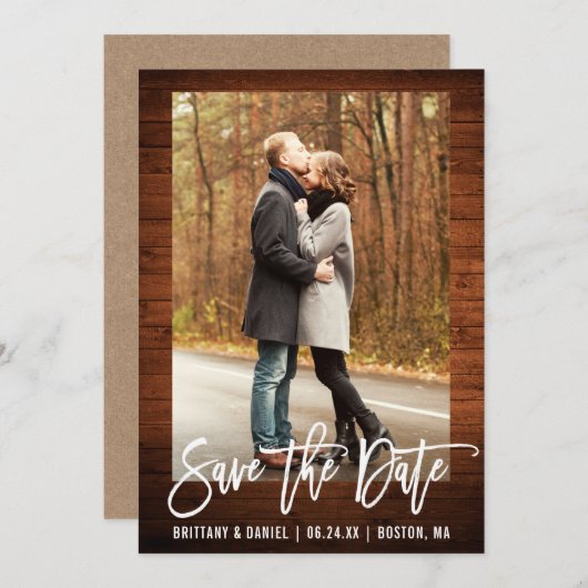 Penseel Script Rustic Wood Save the Date Kraft Kaa Kaart (Voorkant / Achterkant)