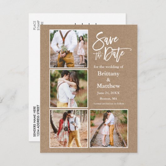 Penseel Script Save the Date Couple 4 Photo Briefkaart (Voorkant / Achterkant)