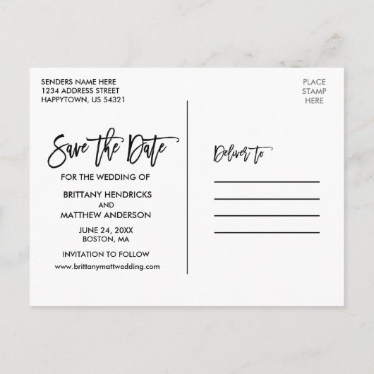 Penseel Script Save the Date Couple 4 Photo Briefkaart (Achterkant)