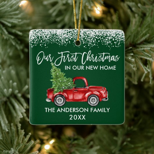Penseel Script Sneeuw 1st Kerstmis Home Truck Gree Keramisch Ornament (Boom)
