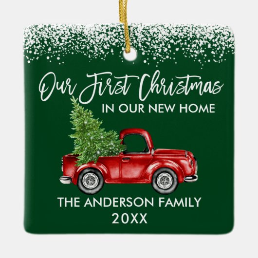 Penseel Script Sneeuw 1st Kerstmis Home Truck Gree Keramisch Ornament (Voorkant)