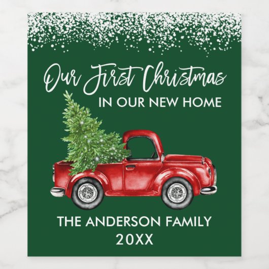 Penseel Script Sneeuw 1st Kerstmis Home Truck Gree Wijn Etiket (Enkel label)