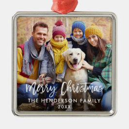 Penseel Script Star Family Foto Merry Kerstmis Sq Metalen Ornament