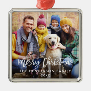 Penseel Script Star Family Foto Merry Kerstmis Sq Metalen Ornament