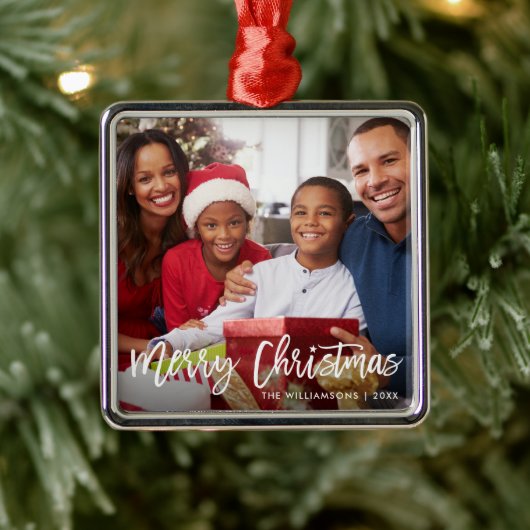 Penseel Script Star Merry Kerstfamilie Foto Metalen Ornament (Boom)