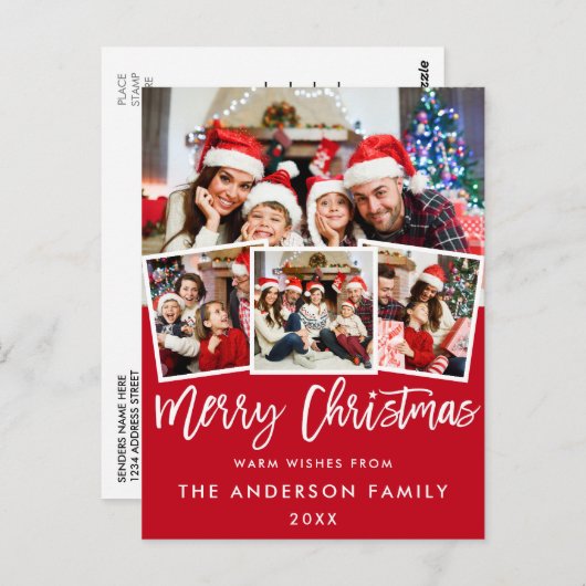 Penseel Script Star Merry Kerstmis 4 Foto Rood Briefkaart (Voorkant / Achterkant)